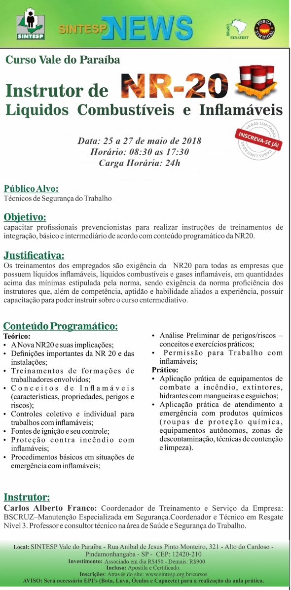 Curso: Instrutor de NR 20: Líquidos Combustíveis e Inflamáveis - Regional Vale do Paraíba