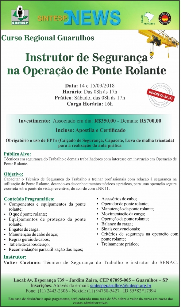Curso Instrutor de Segurança na Operação de Ponte Rolante - Regional Guarulhos